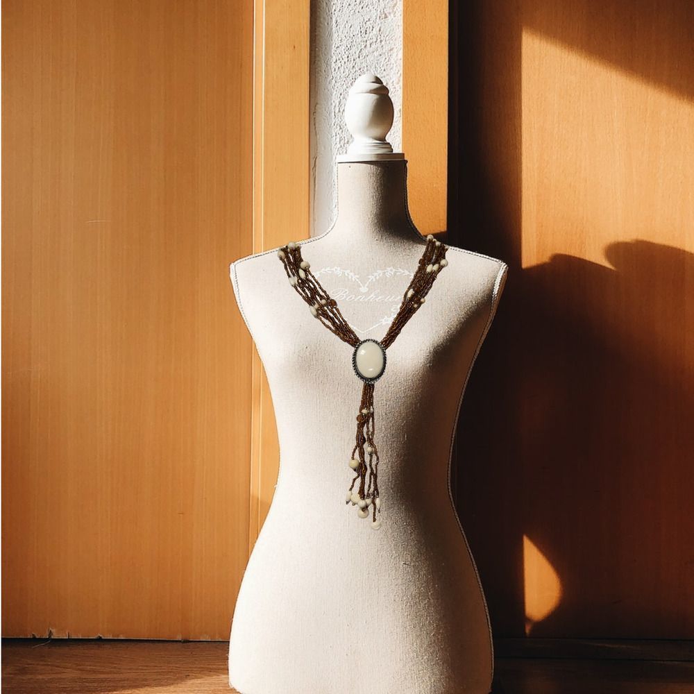 8 strand Gold & Cream Beads Silver-Tone Cream oval focal point, tassel Necklace